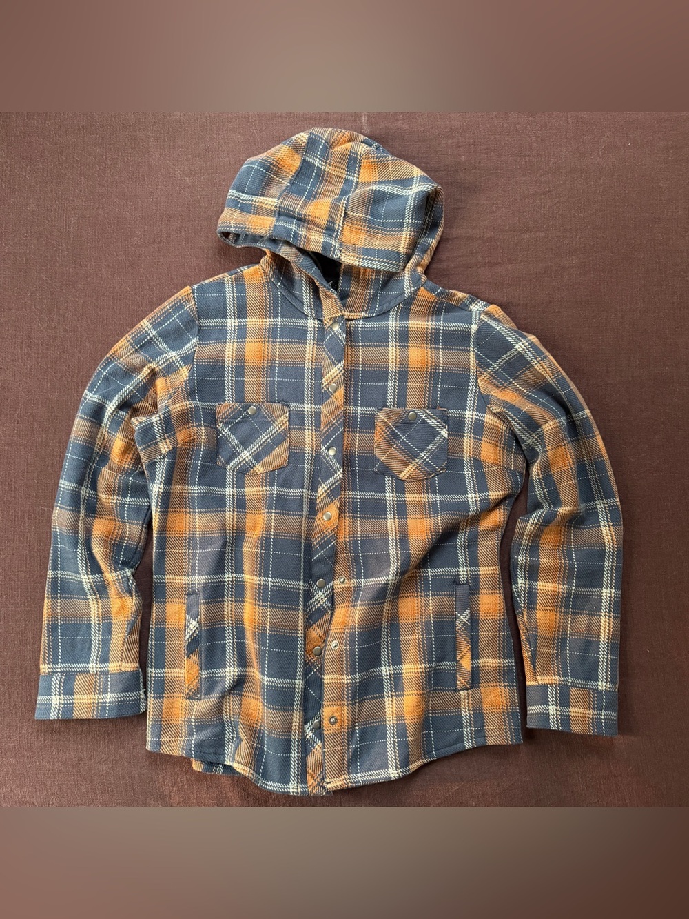 KÜHL Kleo Plaid Hooded Shacket Jacket Women’s M Blue Orange Snap Front